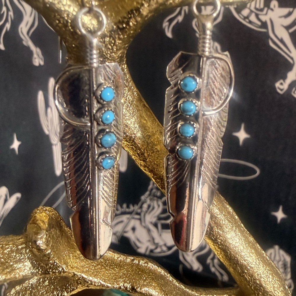 Handcrafted Turquoise and Sterling Silver Feather Dangle Earrings